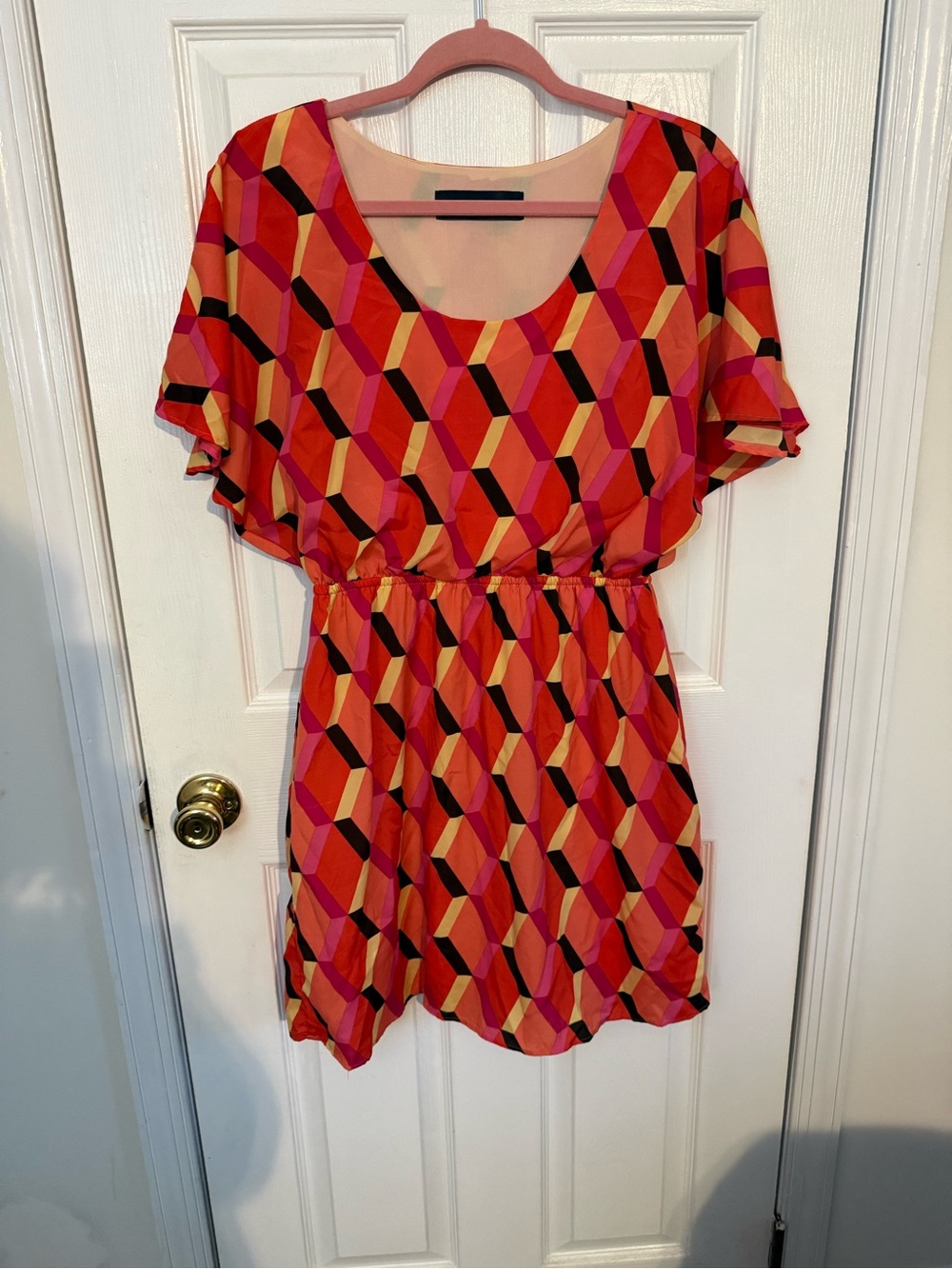 Blue Rain Geometric Flutter-Sleeve Tunic in Pink & Orange